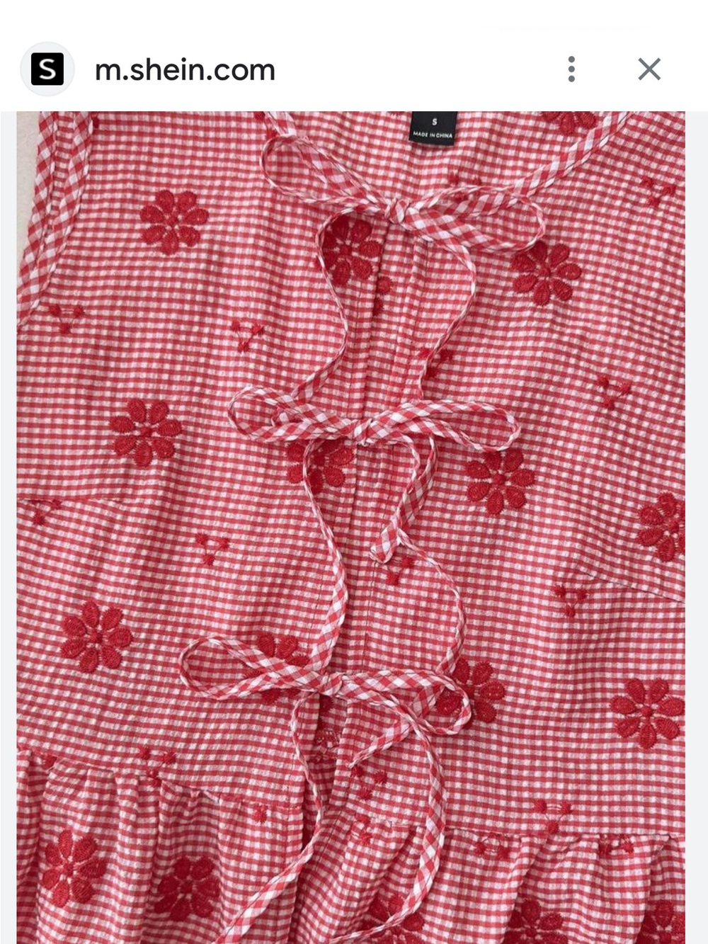 Red Gingham Tie-Front top with Embroidered Floral Detail